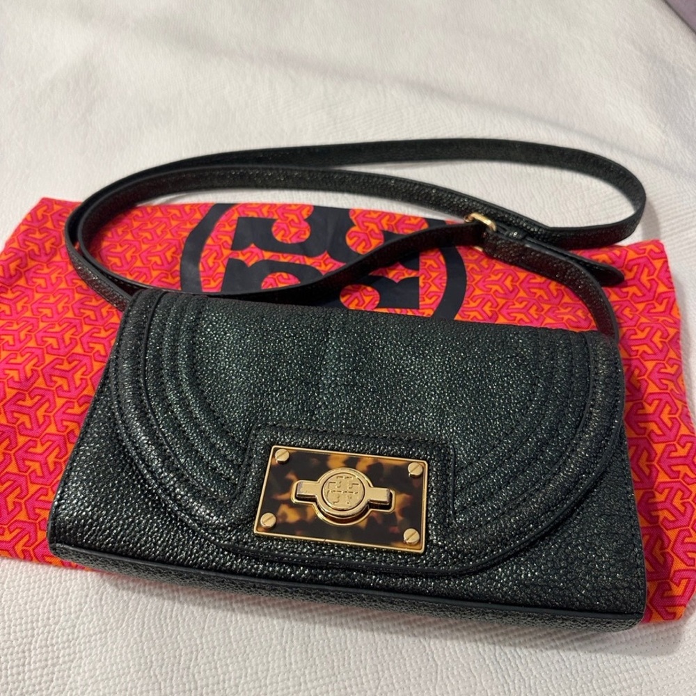 TORY BURCH Shimmery Green Crossbody Clutch Bag